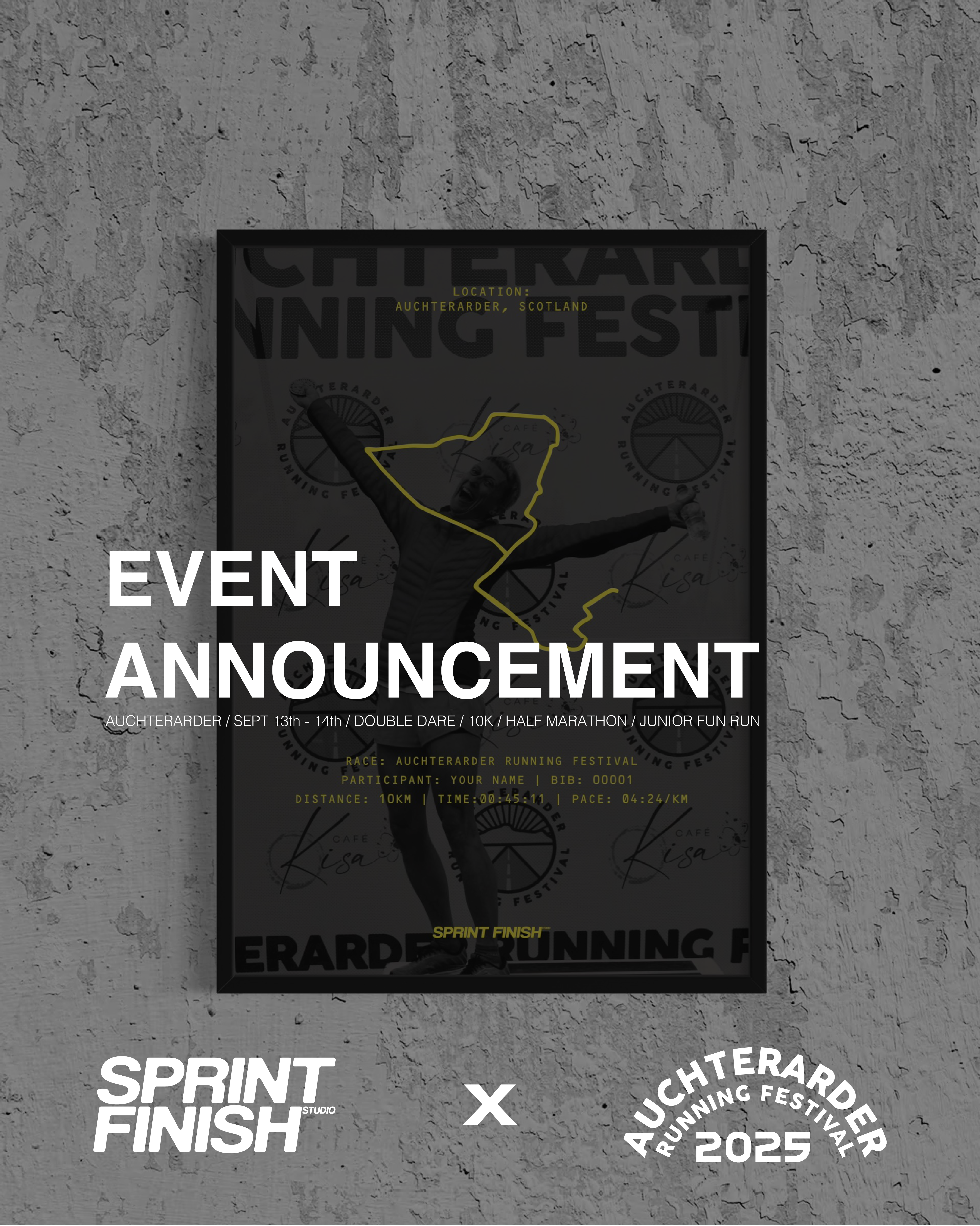 Poster for Auchterarder Running Festival event announcement on a textured gray background