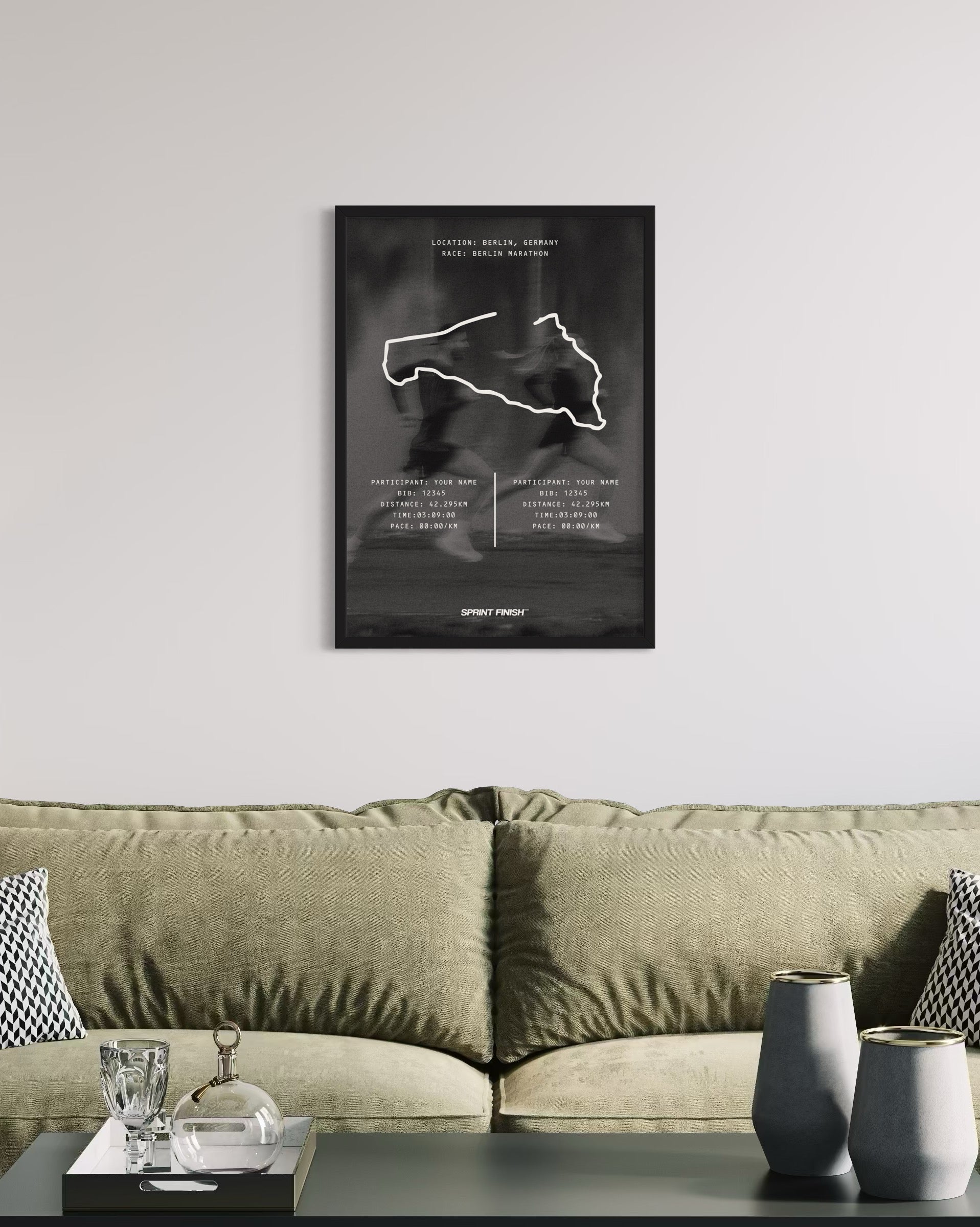 Framed map poster on a wall above a sofa