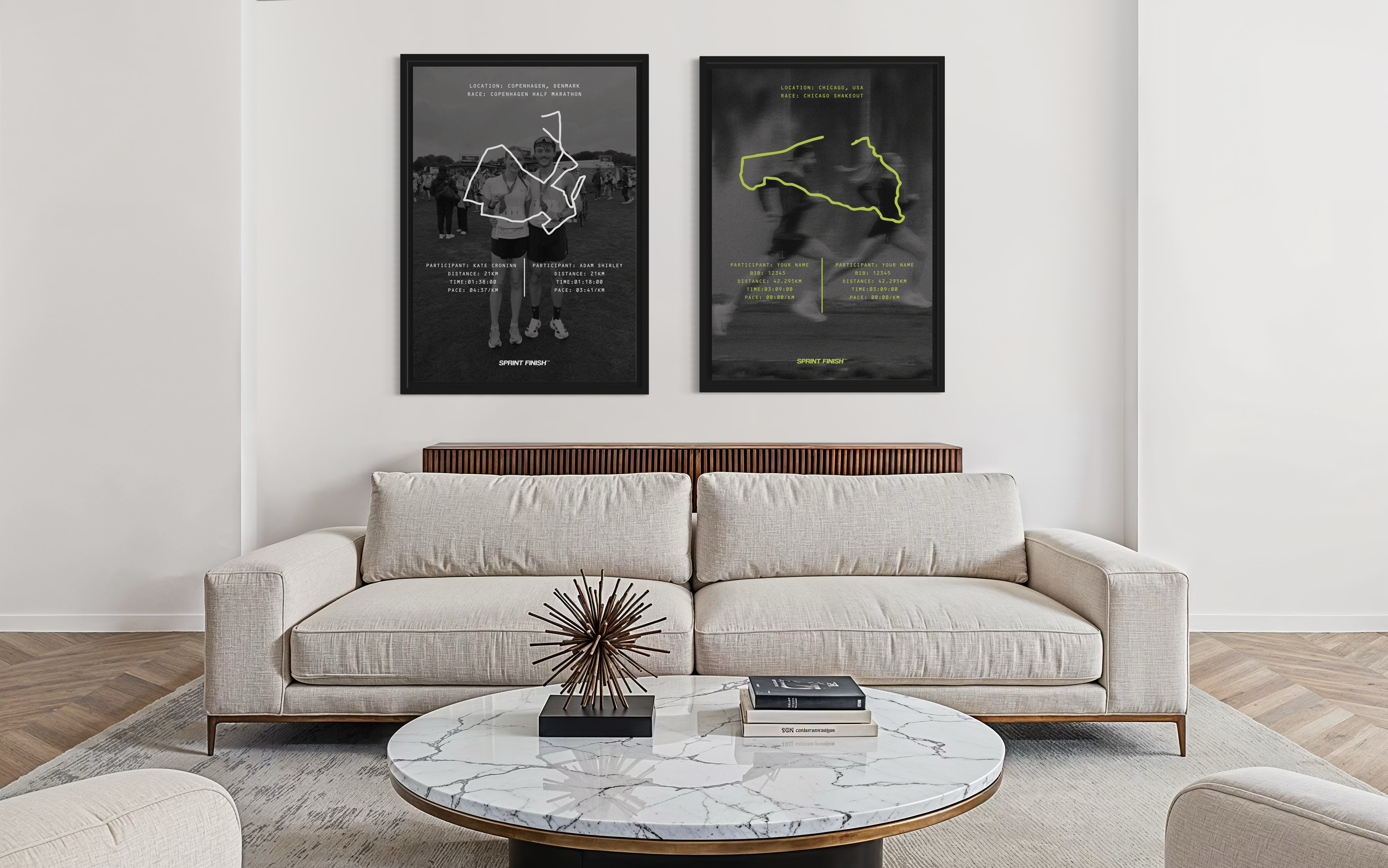Modern living room with a beige sofa, marble coffee table, and framed artwork on the wall.